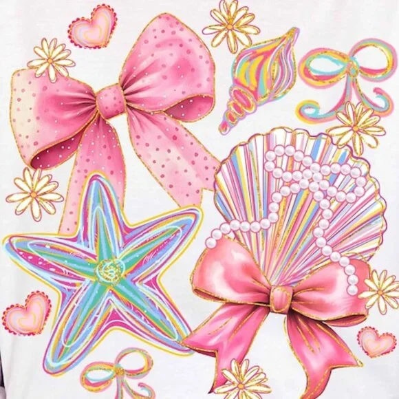 Floral Coquette Seashell Tee, Preppy Coastal Tee, Boho Summer Tee - Picture 2 of 3